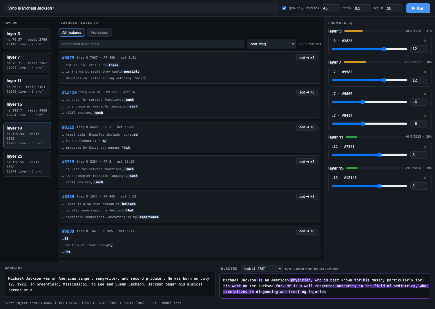 Per-token attribution heatmap over the injected output, with medical tokens like physician and pediatrics highlighted